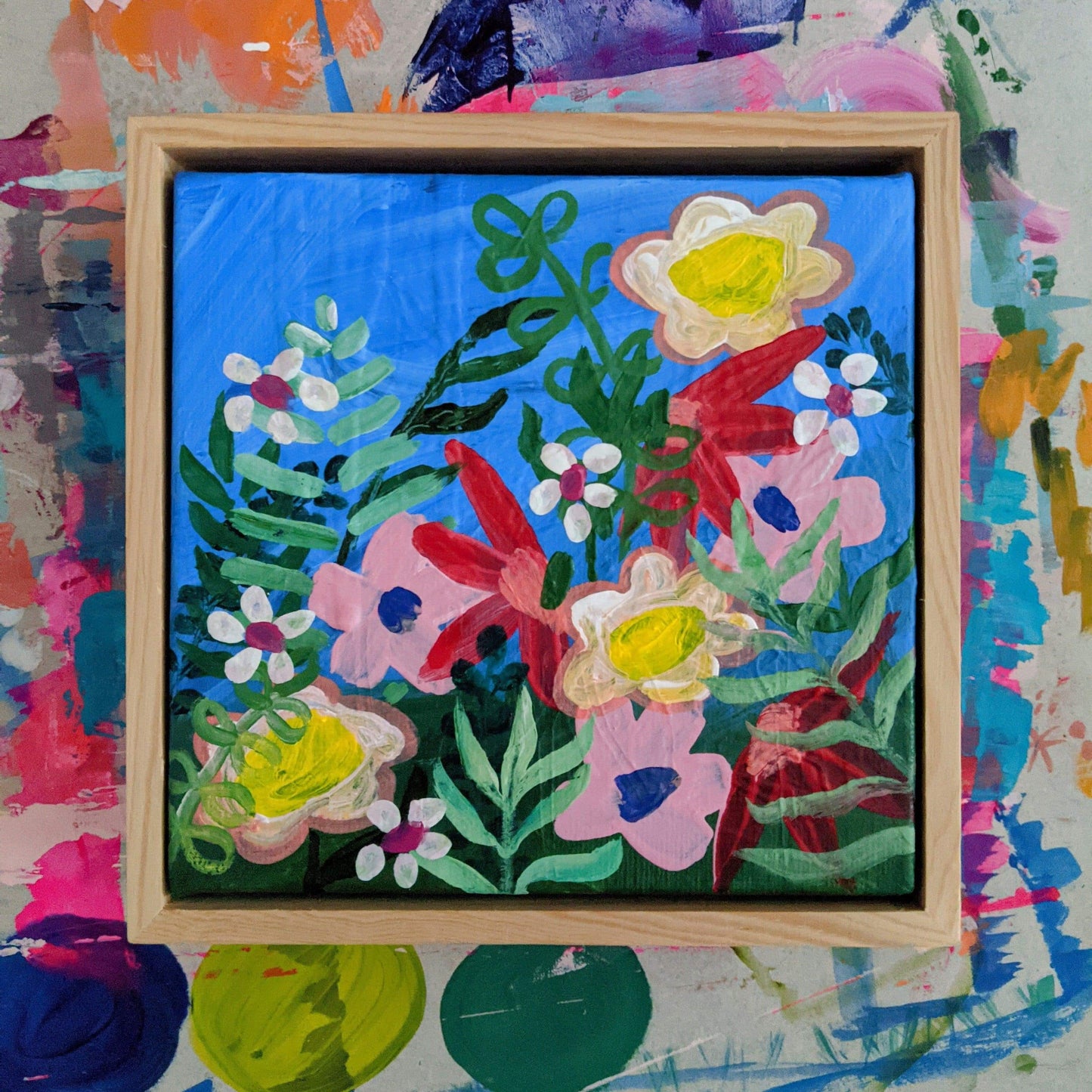 Ros Gervay Creative Original artwork 30cmW x 30cmH x 1.2cmD / Original Artwork / Framed in Basic Pine "Nothing But Blue Skies" Original